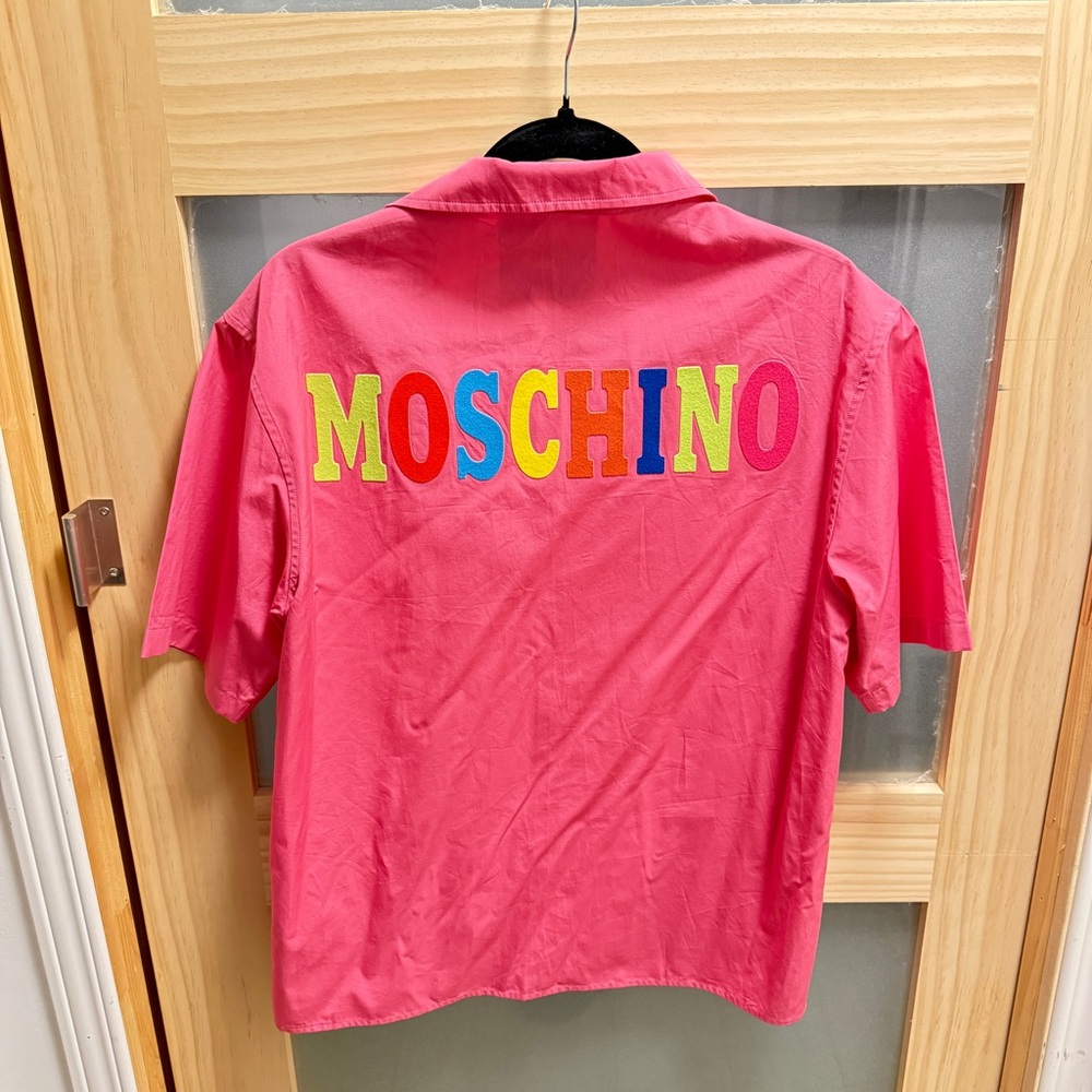 Moschino Pink Button Down Shirt with Multicolored Logo